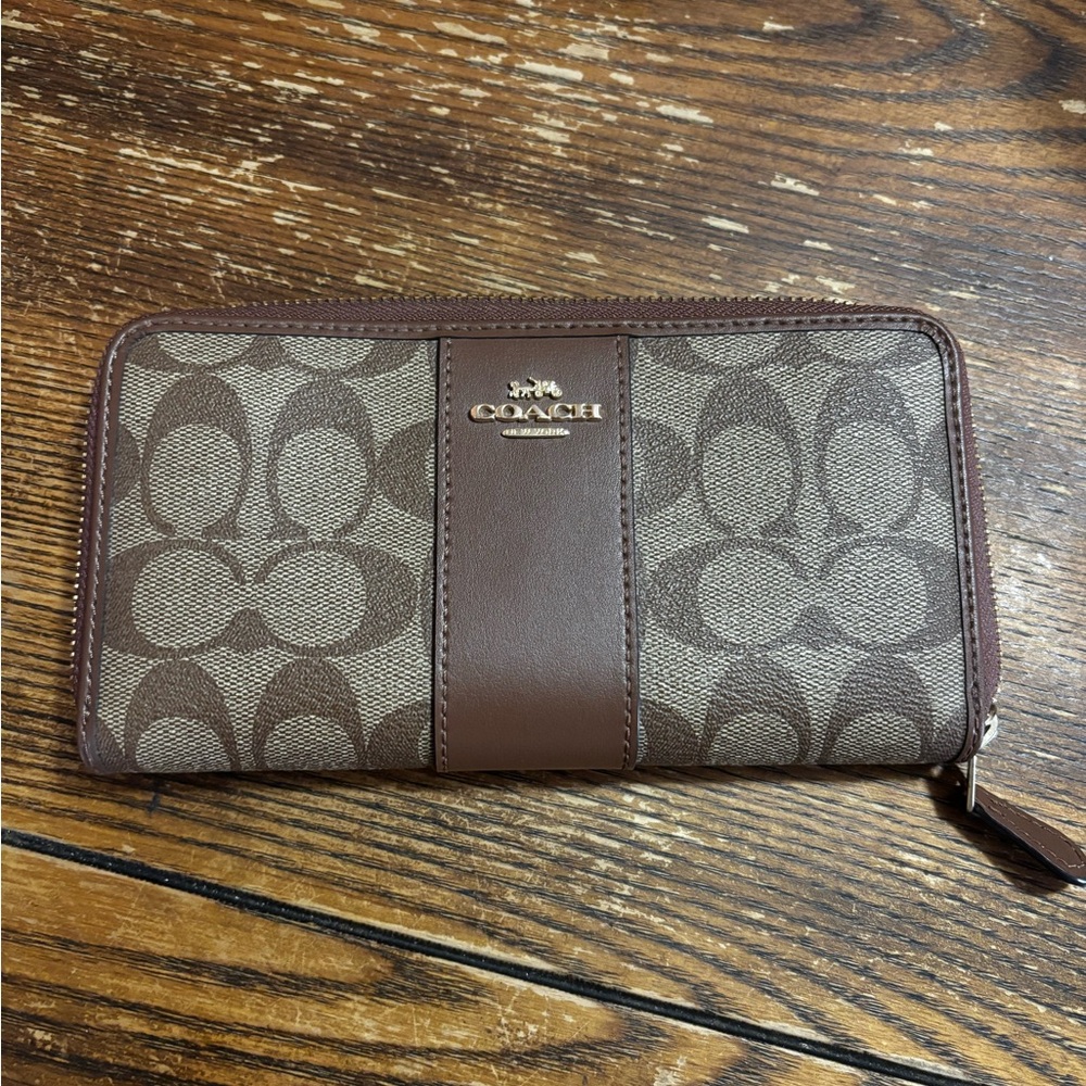Coach Signature Brown and Tan Zip Wallet